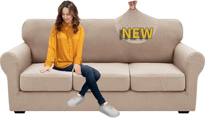 XINEAGE 2026 New 4 Pieces Couch Covers for 3 Cushion Couch Super Stretch Thick Soft Sofa Cover Anti Slip Sofa Slipcover Dogs Cats Furniture Protector (Khaki, 71"-91")