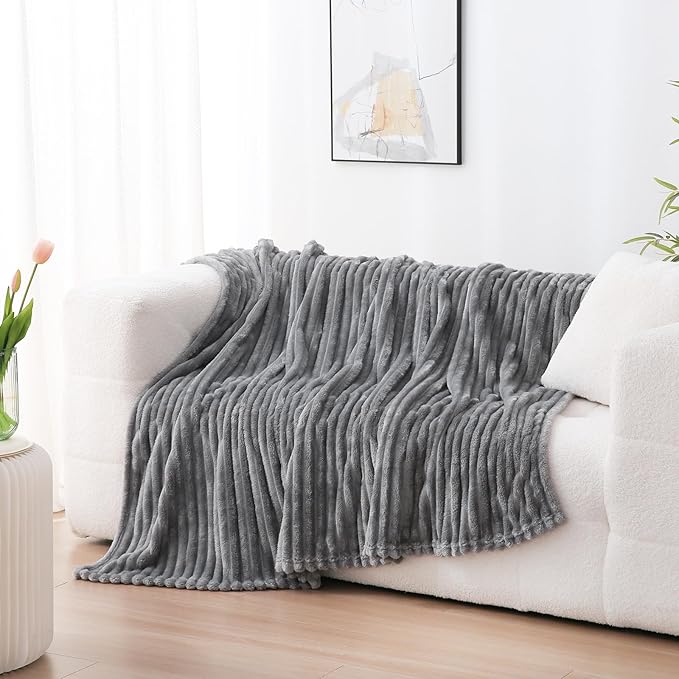 Grey Fleece Throw Blanket 50”×60” for Couch Sofa Bed,Super Soft Cozy Plush Microfiber Flannel Blanket with Stripes Design Lightweight for Adults,Woman,Girls