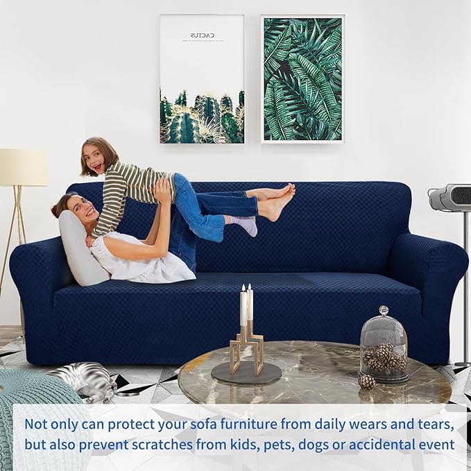 ZNSAYOTX 1 Piece Jacquard Couch Covers for 3 Cushion Couch Living Room High Stretch Sofa Cover Pets Dogs Friendly Anti Slip Thickened Slipcovers Furniture Protector (Sofa, Navy Blue)