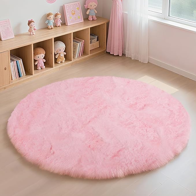 yulidayang Pink Fluffy Round Area Rugs for Bedroom,6'X6'Shag Circle Area Rugs for Girls Room,Non Slip Fuzzy Plush Rug for Kids Room Living Room and Dorm Home Decor Rug