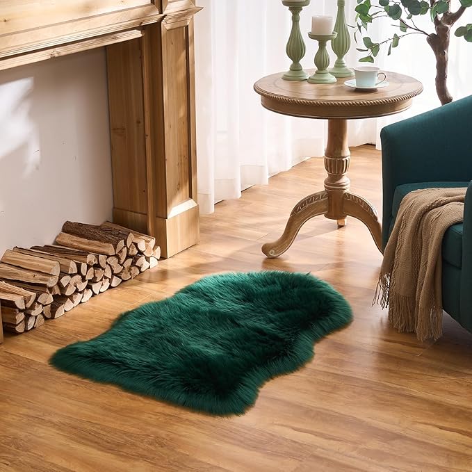 EasyJoy Ultra Soft Fluffy Shaggy Area Rug Faux Fur Rug Chair Cover Seat Pad Fuzzy Area Rug for Bedroom Floor Sofa Living Room (2 x 3 ft Sheepskin, Dark Green)