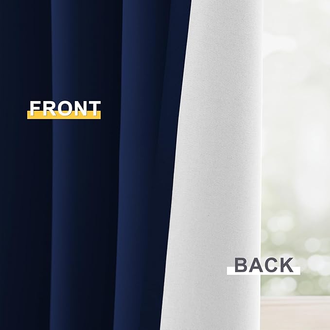 Yakamok 100% Blackout Curtain Panels 84 inches Cold and Light Blocking Drapes for Nursery, 2 Thick Layers Thermal Insulated Draperies (2 Pieces, 50 Wide Each Panel, Navy Blue/White Backing)
