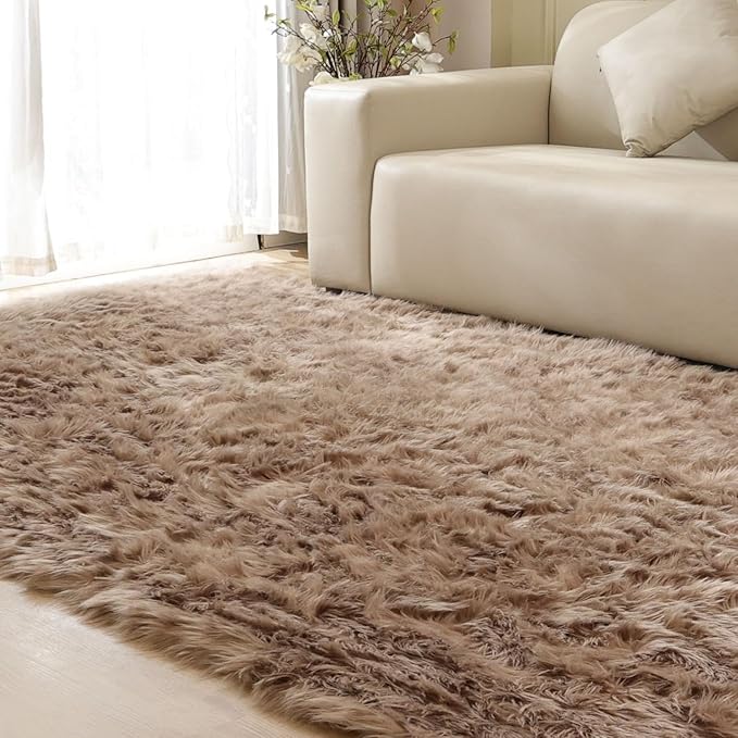 ORINOVA Beige Living Room Rugs 6x9 Area Rugs for Bedroom Nursery Kids Room Washable Faux Sheepskin Fluffy Fuzzy Fur Rug Home Décor
