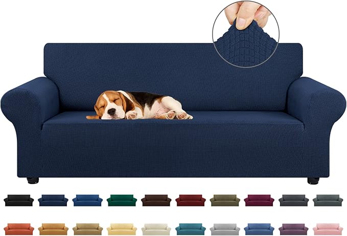 KEKUOU Stretch Sofa Cover Slipcover ，Couch Covers for 3 Cushion Couch Sofa pet Friendly (78"-94") Furniture Protector Sofa with Elastic Bottom for Kids,Dog, Jacquard Small Checked(Large,Navy Blue)
