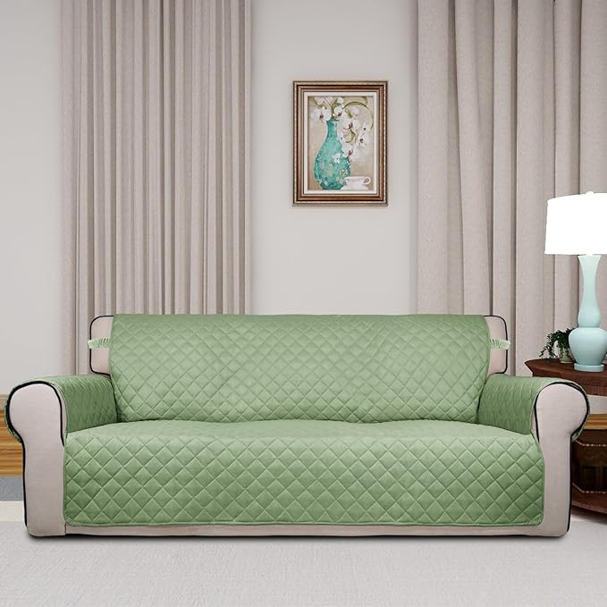 PureFit Reversible Quilted Sofa Cover, Water Resistant Slipcover Furniture Protector, Washable Couch Cover with Non Slip and Elastic Straps for Kids, Dogs, Pets (Oversized Sofa, Sage Green/Ivory)