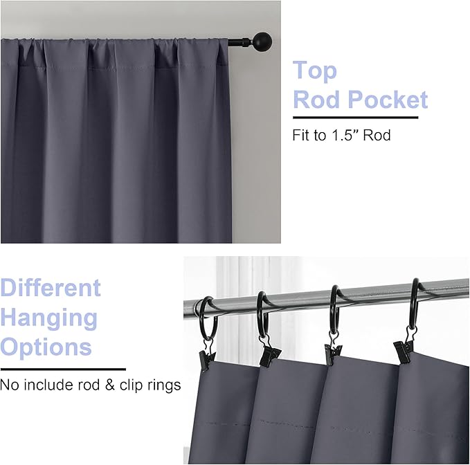 Simplebrand Ava Grey Blackout Curtains for Bedroom 72 Inch Length 2 Panels Set, Privacy Thermal Insulated Rod Pocket Window Curtains for Patio French Door, W40 x L72 Inch