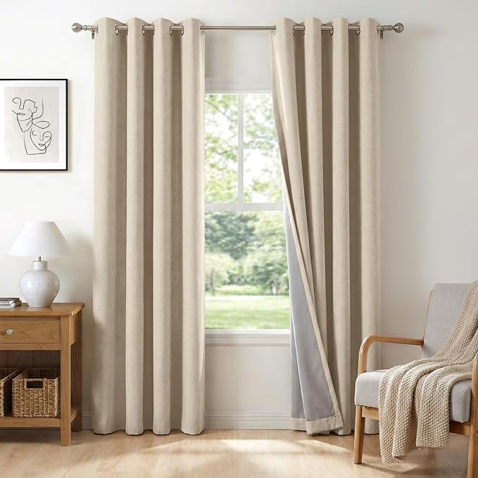 100% Blackout Shield Linen Blackout Curtains for Bedroom, Natural Flax Grommet Curtains for Living Room, Thermal Insulated Room Darkening Drapes for Nursery, Boho Home Decor, 50" W x 84" L, 2 Panels