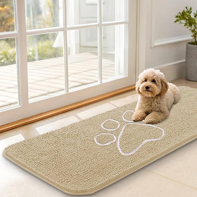 OLANLY Dog Door Mat for Muddy Paws 47x17, Paw Print Design, Absorbs Moisture and Dirt, Absorbent Non-Slip Washable Doormat, Quick Dry Chenille Mud Mat for Dogs, Entry Indoor Entryway Carpet, Beige