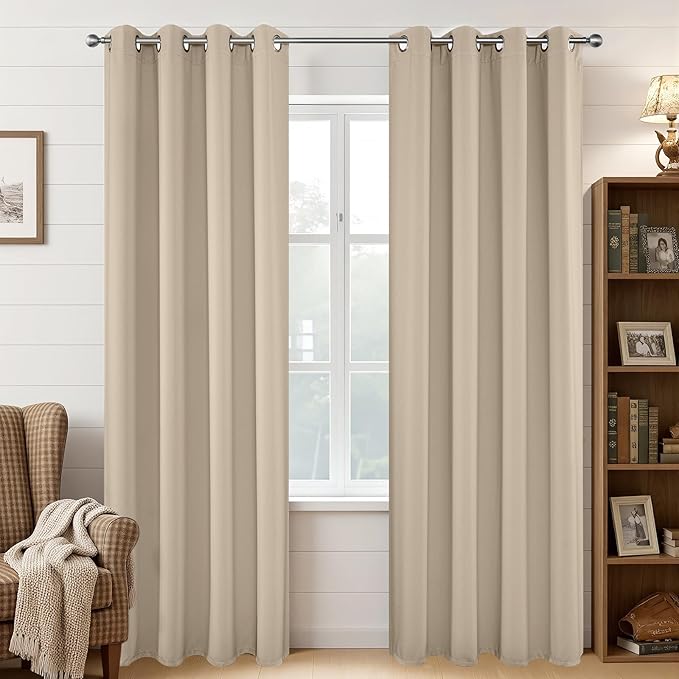 Joydeco Blackout Curtains 95 Inches Long 1 Panel, Thermal Insulated Long Curtains& Drapes 1 Piece, Room Darkening Grommet Drapes for Living Room Bedroom Window (W70 x L95 Inch, Light Beige)