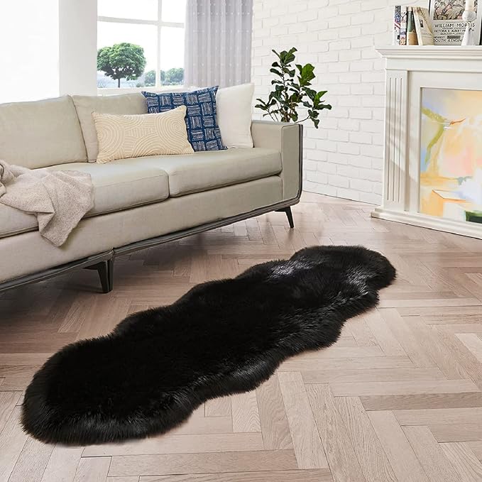 ORINOVA Black Shag Washable Furry Fur Area Rugs for Bedroom Faux Sheepskin Fuzzy Fur Nursery Rug Runners 2x6 Cute Room Décor