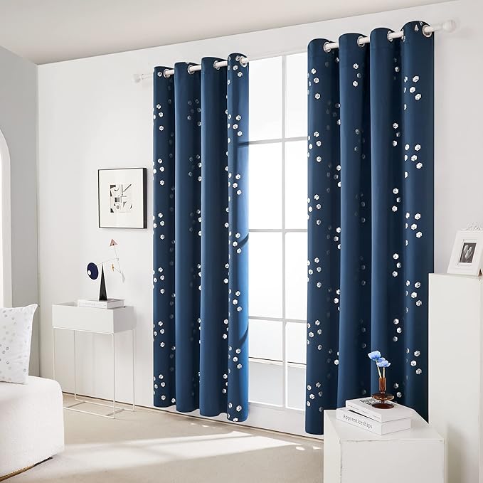 Deconovo Designer Series Silver Cubic Print Blackout Curtains for Living Room Bedroom, Thermal Insulated Soundproof Window Drapes, Grommet Top, Navy Blue,52W x 95L Inch, 2 Panels