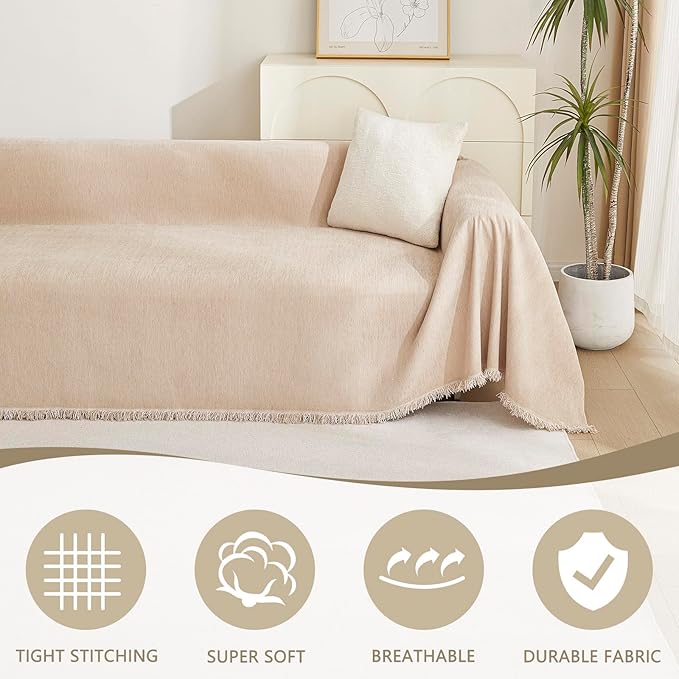 MYSKY HOME Chenille Couch Covers for Sectional Sofa, Couch Cover for Dogs, Washable Sofa Cover, Soft Furniture Protector, Sofa Covers for Futon, Loveseat, Cushion Cover with Tassel, 71"x 102", Khaki