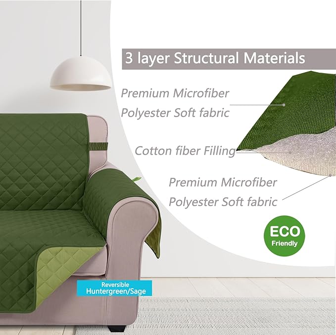 U-NICE HOME Loveseat Sofa Cover Reversible Couch Covers for 2 Cushion Couch for Dogs Furniture Protector Cover with Elastic Straps Water Resistant(Loveseat Small, Huntergreen/Sage)