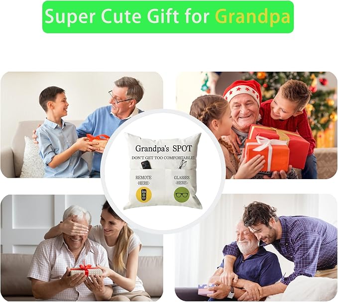 ONFAON Grandpa Gifts,Grandpa's Spot Throw Pillow Covers 18x18 Inch for Bed Sofa Couch,Birthday Christmas Thanksgiving Day Gifts for Grandpa Stepdad,2-Pocket