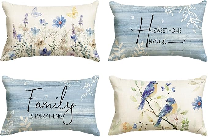 AVOIN colorlife Spring Saying Flowers Butterfly Bird Throw Pillow Covers, 12 x 20 Inch Home Sweet Home Blue Cushion Case for Sofa Couch Set of 4