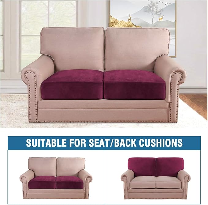 H.VERSAILTEX Velvet Stretch Couch Cushion Cover Plush Cushion Slipcover for Chair Loveseat Sofa Cushion Furniture Protector Seat Cushion Sofa Cover (2 Piece Medium Sofa Cushion Covers, Burgundy)