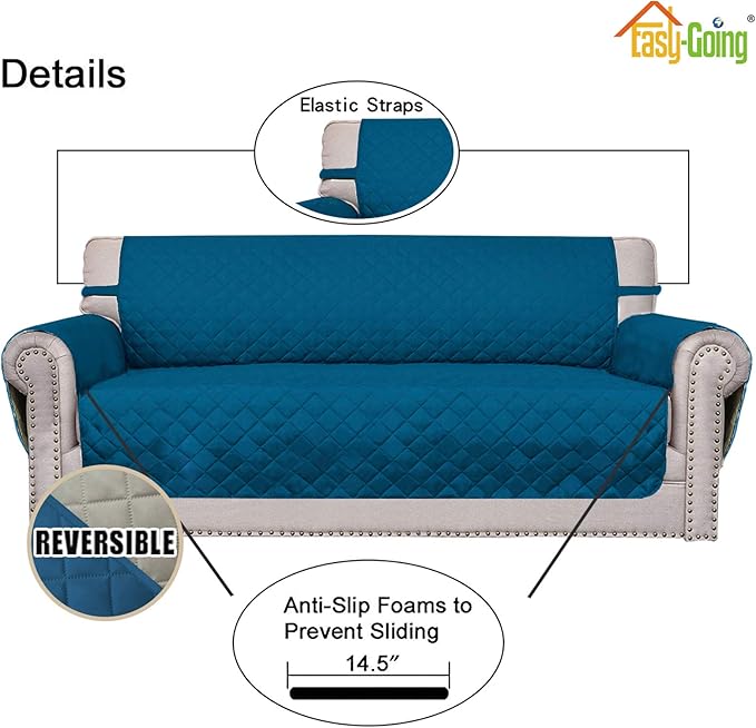Easy-Going Sofa Slipcover Reversible Loveseat Sofa Cover Couch Cover for 2 Cushion Couch Furniture Protector with Elastic Straps for Pets Kids Dog Cat (Oversized Loveseat, PeacockBlue/Beige)