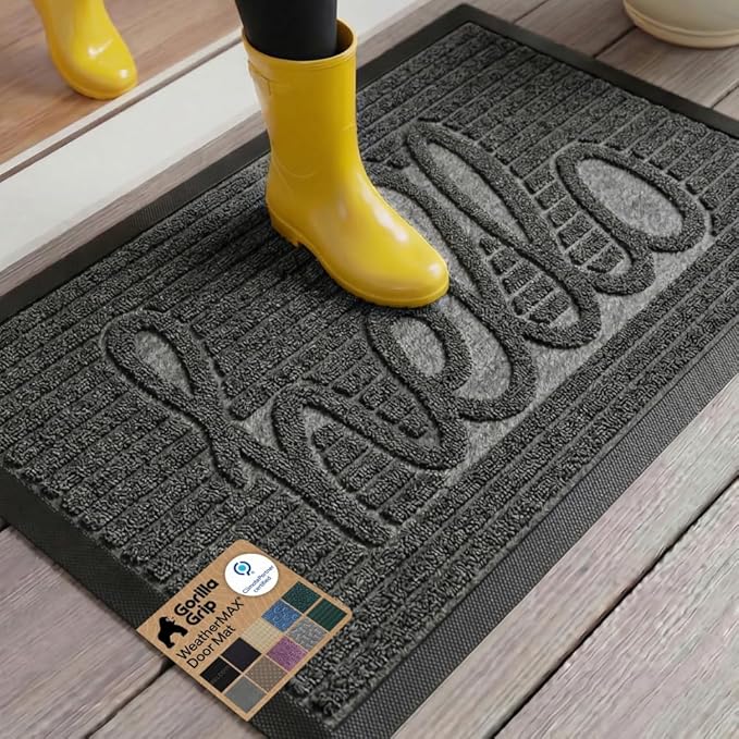 GORILLA GRIP 100% Waterproof All-Season WeatherMAX Doormat, US Designed Natural Rubber, Stain and Fade Resistant, Low Profile Indoor Outdoor Door Mats, Easy Clean Patio Mat, 29x17, Charcoal Hello