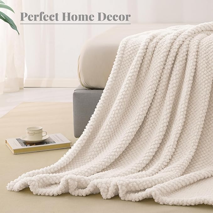 Whale Flotilla Twin Size Fuzzy Fleece Blanket for Bed, 60x80 Inch Fluffy Warm Soft Jacquard Blankets for All Season, Lightweight and Cozy, Ivory