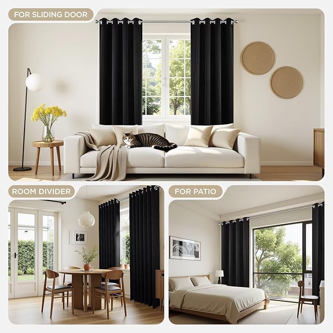 Joydeco Christmas Blackout Curtains for Living Room, Black Curtains 90 Inch Long 2 Panels Set, Room Darkening Grommet Drapes for Bedroom Window (Black, W52 x L90 Inch)