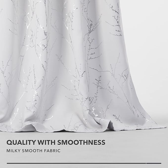 Deconovo Greyish White Curtains, Room Darkening Curtain, Thermal Insulated Soundproof Drapes, Silver Branch Print, 52 x 95 Inch Long, Grommet Window Panels for Living Room Bedroom Nursery, Set of 2