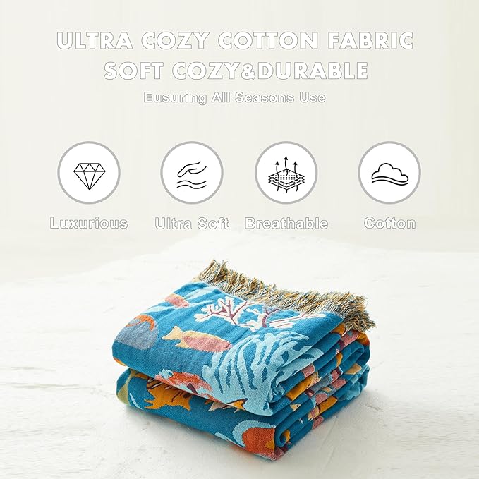 MSGKV Throw Blanket for Bed Cotton Cute Ocean Animals Twin Size Couch Blanket 60"x80" Muslin Spring Breathable All Seasons Lightweight Farmhouse Home Decor