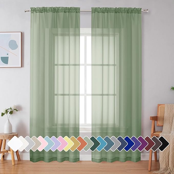 Simplebrand Sage Green Sheer Curtains 90 Inches Long 2 Panels, Light Filtering Rod Pocket Solid Color Window Sheer Curtain Panels, Elegant Curtains & Drapes for Living Room, Bedroom, 42" W x 90" L