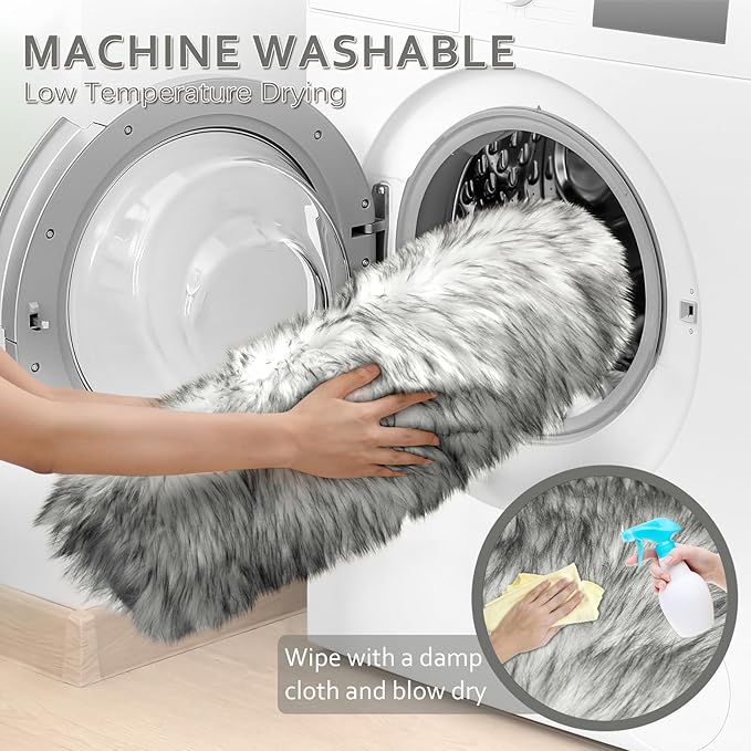 Ciicool Faux Sheepskin Rugs Soft Faux Fur Rug White Gradient Sliver Black Fluffy Chair Couch Cover Fuzzy Carpet for Bedroom Floor Sofa Living Room 2x3 Feet