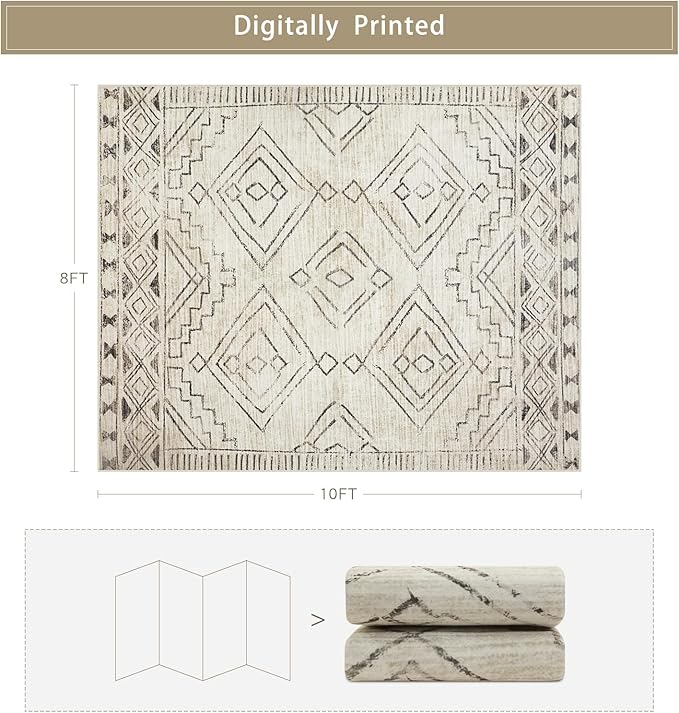 Washable Rugs 8x10 Area Rugs for Living Room,Bedroom,Dining Room- Large Ultra Soft Faux Wool Retro Carpet,Non Slip&Non-Shedding Low Pile Morocco Rug for Farmhouse Home Office Dorm(Beige-Brown)