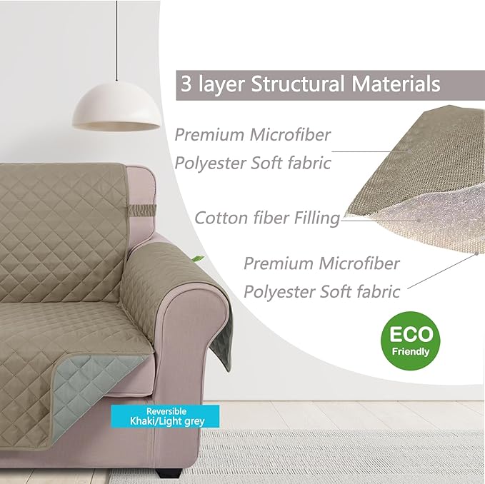 U-NICE HOME 4 Seater Sofa Cover 91 Inch Large Couch Covers for 4 Cushion Couch with Elastic Straps Water Resistant Furniture Protector Cover for Pets Cat (Sofa XX-Large, Khaki/Light Grey)