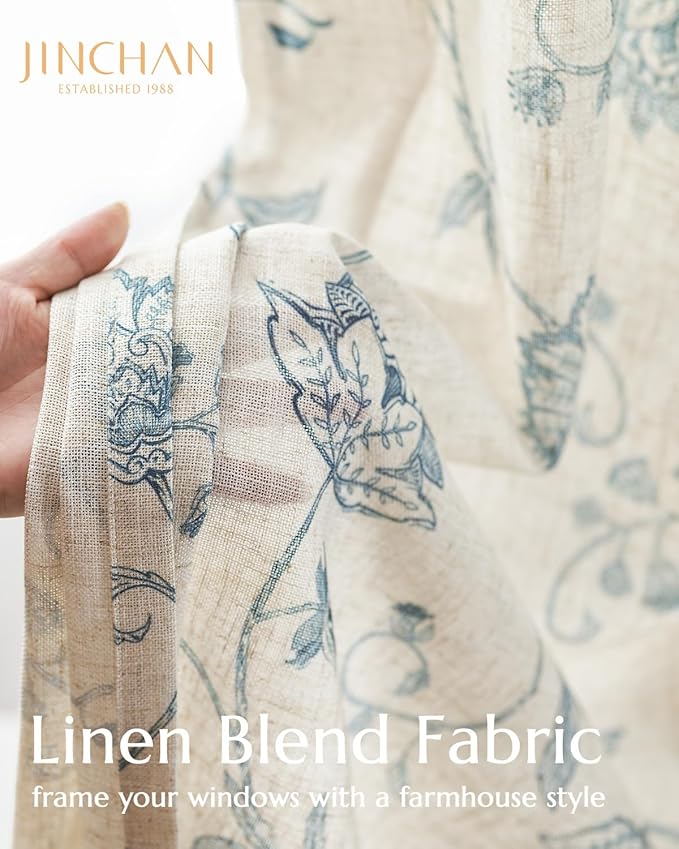 jinchan Linen Curtains Floral Curtains 96 Inch Length for Living Room Bedroom Light Filtering Rod Pocket Back Tab Jacobean Curtains Flax Linen Texture Window Drapes Set 2 Panels Blue on Linen