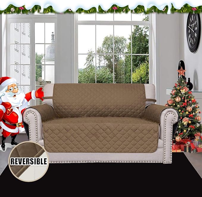 Easy-Going Reversible Loveseat Couch Cover for 2 Cushion Couch Sofa Cover for Dogs Water Resistant Furniture Protector with Foam Sticks Elastic Straps for Pet (Loveseat, Camel/Ivory)