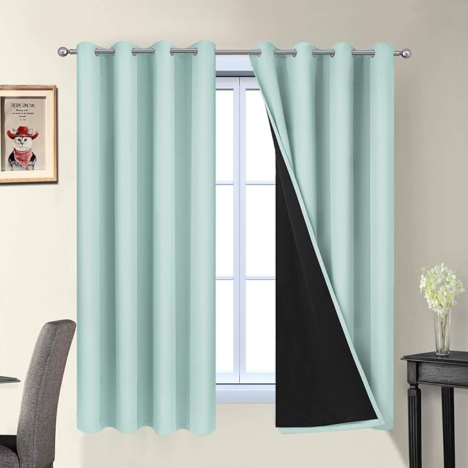 Yakamok Thermal Insulated 100% Blackout Curtains for Bedroom, 2 Thick Layers Completely Blackout Drapes for Living Room with Black Liner(52Wx63L, Aqua, 2 Panels)