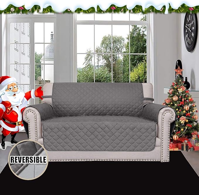 Easy-Going Reversible Loveseat Couch Cover for 2 Cushion Couch Sofa Cover for Dogs Water Resistant Furniture Protector with Foam Sticks Elastic Straps for Pet (Loveseat, Gray/Light Gray)