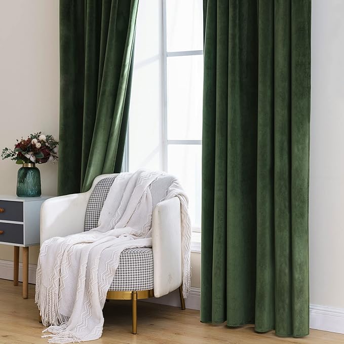 MIULEE Velvet Curtains 92 inches - Luxury Blackout Curtains for Bedroom Living Room Thermal Insulated Super Soft Window Drapes Rod Pocket & Back Tab, Olive Green, W52 x L92 inches, 2 Panels