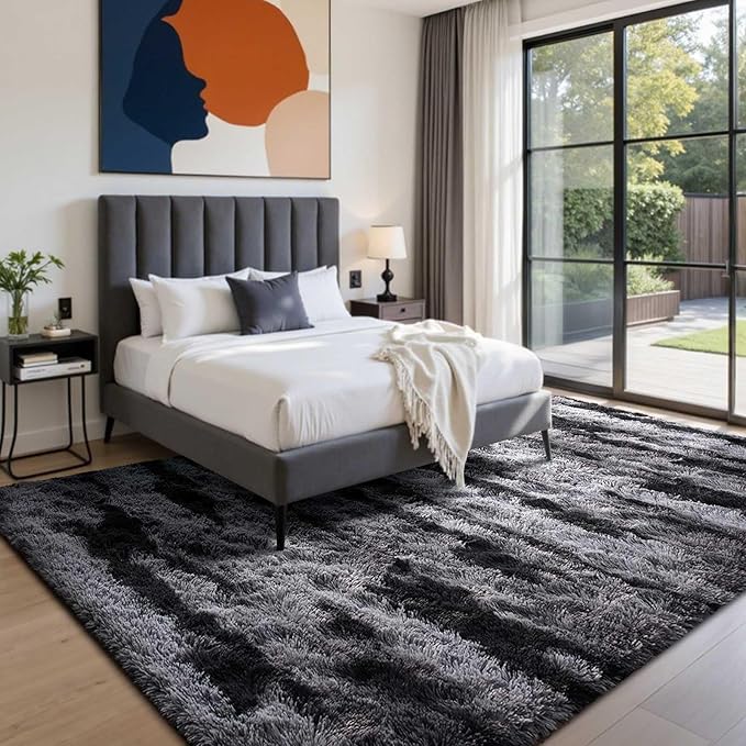 4x6 Ft Shag Rugs for Bedroom Living Room, Tie-Dyed Ultra Soft Fluffy Furry Area Rugs for Indoor Floor, Aesthetic Carpet for Kids Home Decor (Black)