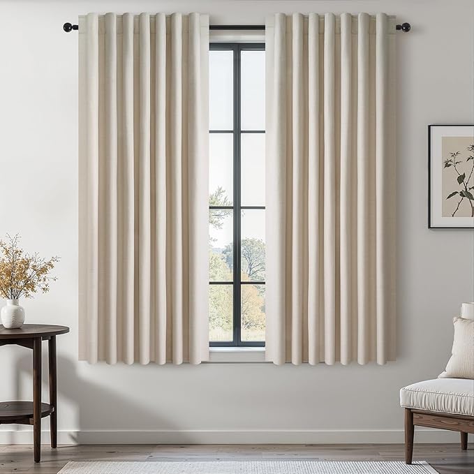 Topfinel Beige White Linen Blackout Curtains 63 Inches Long 2 Panels for Small Window Natural Birch Boho Farmhouse Linen Blend Texture Insulated Hook Belt Back Tab Pocket Pleated Drapes (W52 x L63)