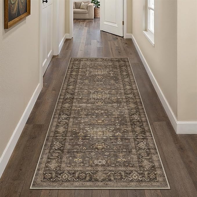 2x6 Washable Runner Rug for Hallway Kitchen Vintage Brown Non Slip Low Pile Carpet Traditional Retro Soft Throw Rug for Bathroom Bedroom Entryway Indoor Entrance