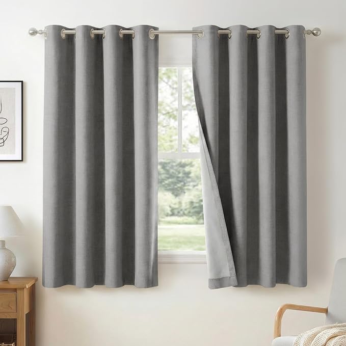 100% Blackout Shield Linen Blackout Curtains for Bedroom, Grey Grommet Curtains for Living Room, Thermal Insulated Room Darkening Drapes for Nursery, Boho Home Decor, 40" W x 45" L, 2 Panels