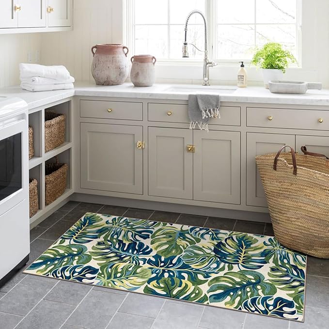 Front Door Mat Indoor Entrance - 2x4.3 Ft Spring Washable Layered Doormat Outdoor Entrance Porch Rug Non-Slip Botanical Green Blue Leaf Runner Rug for Kitchen Bedroom Laundry Room Porch Decor
