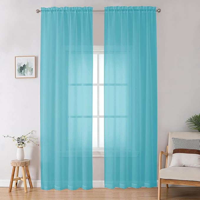 OWENIE Aqua Sheer Curtains for Bedroom Living Room 96 Inches Long 2 Panels Set, Soft Solid Light Filtering Clear Sheer Ceiling to Floor for Large Window, 2Pcs, Each 42" W x 96" L, Aqua