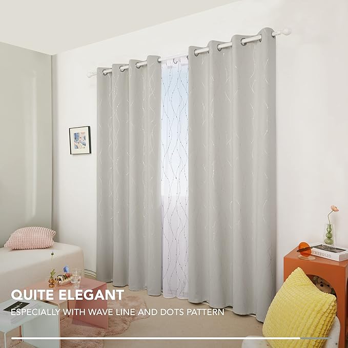 Deconovo Beige Curtains for Living Room, Light Darkening Soundproof Drapes with Wave Dots Silver Print, Farmhouse Boho Curtain, 52 x 84 Inch Long, Set of 2 Window Panels for Bedroom Office Nursery