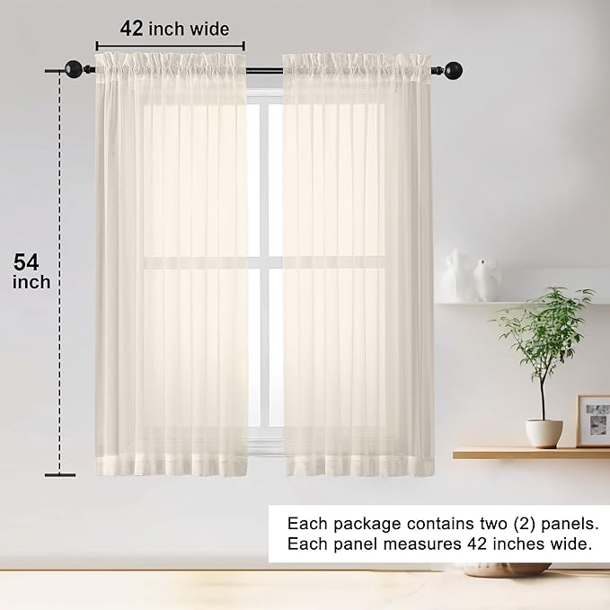 OWENIE Sheer Curtains 54 inches Long 2 Panles for Living Room Bedroom Small Windowm, Rod Pocket Light Filtering Voile Sheers Drapes, 42" W x 54" L, Cream