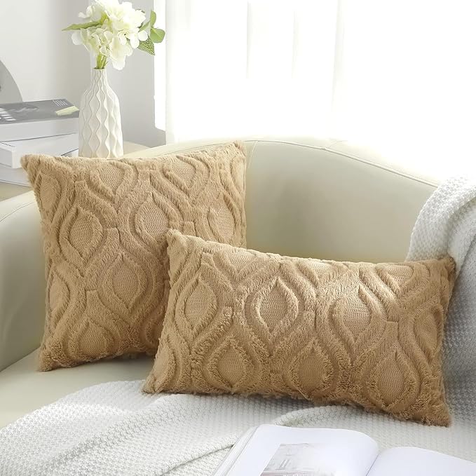 decorUhome Throw Pillow Covers 20x20 Inch Set of 2, Soft Plush Faux Wool Khaki Solid Couch Pillow Covers, Accent Farmhouse Neutral Square Pillow Cases for Sofa Bed Living Room