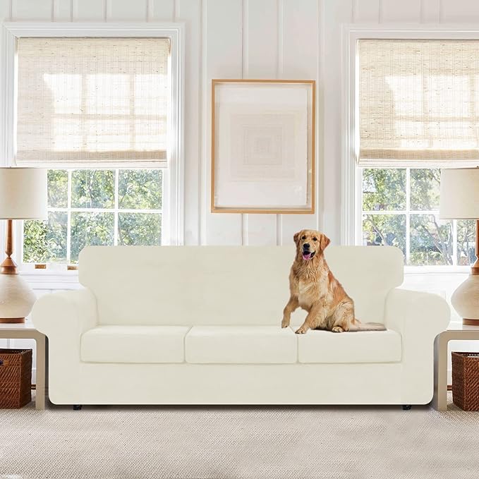 WEERRW 4 Pieces Velvet High Stretch Couch Covers for 3 Cushion Couch Sofa Slipcovers, Washable Furniture Protector with Non Slip Elastic Bottom, Feature Soft and Thick Plush Fabric, Ivory, Large