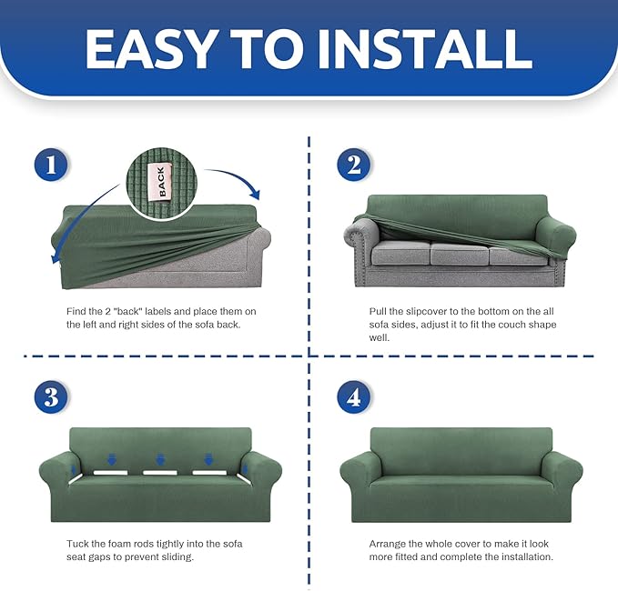 KEKUOU Stretch Oversized Sofa Slipcover 1 Piece Couch Sofa Cover (94"-110") Furniture Protector 4 Seater Sofa with Elastic Bottom for Kids,Pet.Jacquard Checked Pattern Fabric(X Large,Greyish Green)