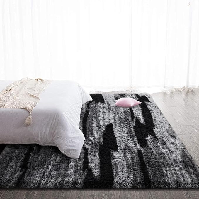 TWINNIS Super Soft Shaggy Rugs Fluffy Carpets, 4x5.9 Feet, Indoor Modern Plush Area Rugs for Living Room Bedroom Kids Room Nursery Home Decor, Upgrade Anti-Skid Rectangular Fuzzy Rug, Black Gray