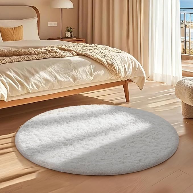 Ophanie White Round Rug 4Ft Circle Area Rug, Aesthetic Room Decor, Fluffy Fuzzy Bedroom Carpet, Plush Soft Shaggy Living Room Rugs for Kids Home Decor, Nursery