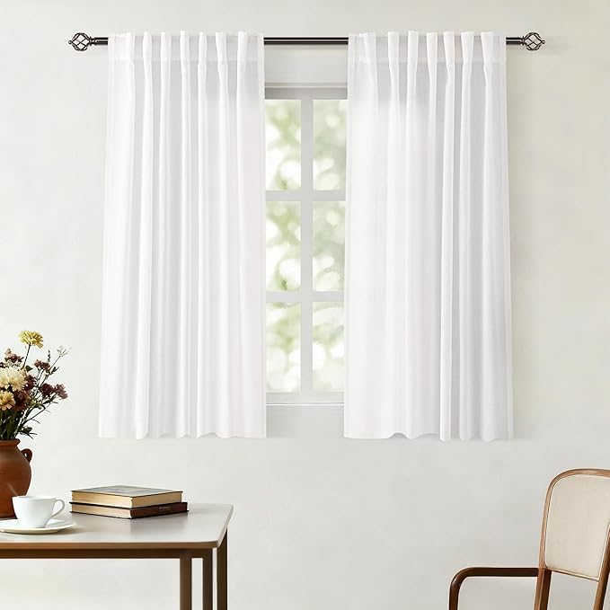 White Linen Curtains 54 inch Long 2 Panel Set for Living Room Back Tab Rod Pocket Semi Sheer Light Filtering Bedroom Window Curtain 54 inch Length Cotton Textured Modern Elegant Coastal Drapes