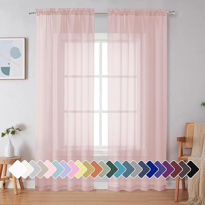 Simplebrand Blush Sheer Curtains 90 Inches Long 2 Panels, Light Filtering Rod Pocket Solid Color Window Sheer Curtain Panels, Elegant Curtains & Drapes for Living Room, Bedroom, 42" W x 90" L